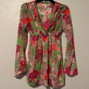 OP Y2K Neon BeJeweled Floral Swimsuit Cover-Up or Sheer Dress/Long Top